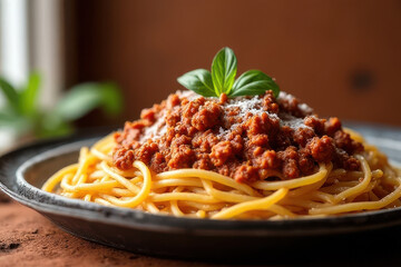 Delicious Spaghetti Bolognese in Rustic Corner with Terracotta Background and Natural Light Photography