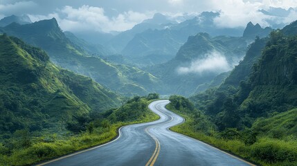 Fototapeta premium Mountain road winds through lush, green valley, mist and clouds obscuring peaks