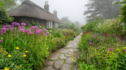 Charming Countryside Cottage with Thatched Roof and Flower Garden