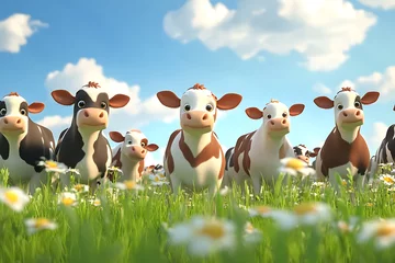 Naadloos Fotobehang Airtex Playful cartoon cows grazing in a vibrant green meadow under a bright blue sky © Noufaldi