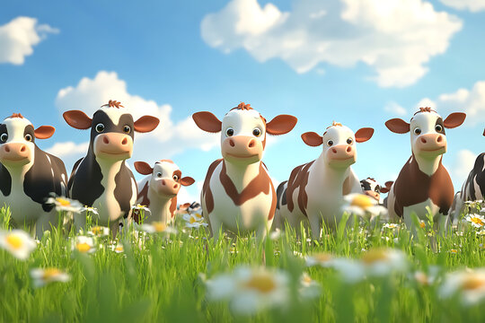 Playful cartoon cows grazing in a vibrant green meadow under a bright blue sky