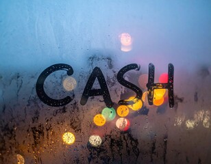 Colorful bokeh lights through foggy window with cash text