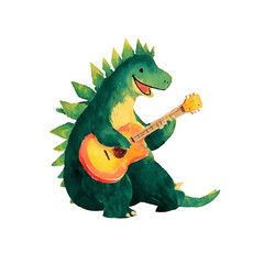 Obraz premium Whimsical green dinosaur serenades with a guitar. Playful illustration with a smiling dino musician.
