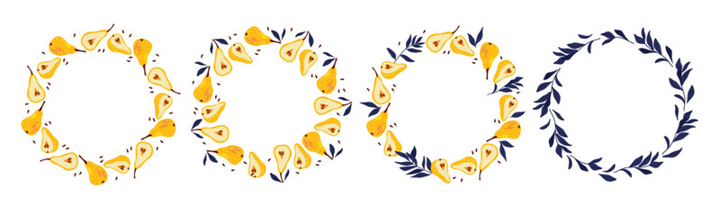 Pear round frame set. Round frames with yellow pear and tree branches, fruits isolated frame, copy space. Summer background with chopped and whole pears for poster, banner, label, invitation, card.