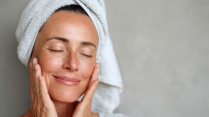 Relaxed woman with a towel on her head enjoying skincare routine with closed eyes and a serene expression in a natural light setting