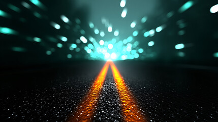An abstract futuristic road stretches into a blurry background with glowing lights above it.