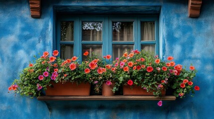 Blue wall with a window, flowers, and a ledge