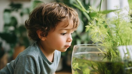 Fototapeta premium Curious Child Observes Fish in Glass Bowl Surrounded by Lush Green Plants in Bright and Airy Indoor Space