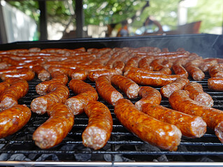 Grilled sausages on a barbecue grill release smoke, highlighting the art of food preparation for outdoor events and summer celebrations, grilling concept