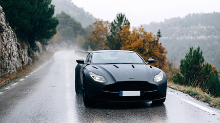 Fototapeta premium A luxurious dark gray sports car is driving on a wet mountain road du a rainy day trip.