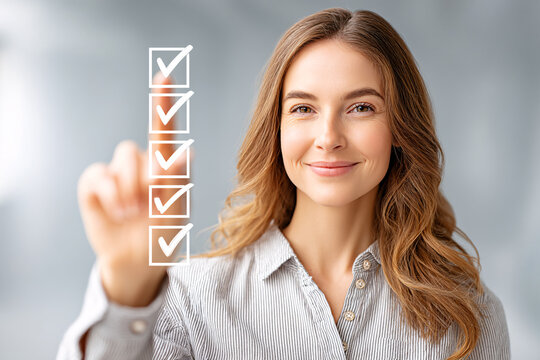 A smiling young woman virtually selects completed tasks on a digital checklist interface now displayed.