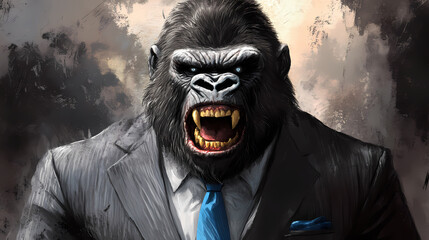 A snarling gorilla wears a gray suit and blue tie. [Cursed Menagerie] | Dustfang Tower | eroded snarl. Illustration