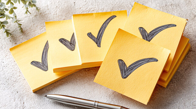 Several yellow sticky notes display check marks with a pen on a textured gray surface today.