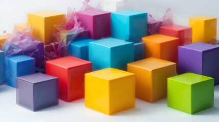 Obraz premium Abstract composition of colorful cubes arranged asymmetrically on a white background.