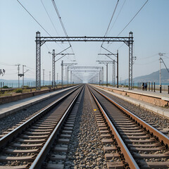 Fototapeta premium Railway station junctions. 2 Two railway tracks merge together. Rail way track along Black Sea with switch and interchange. empty railroad fork. wooden sleepers. Batumi, Georgia.