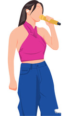 Cartoon illustrations beauty girl in valentine theme dress. Singer holding mic on stage. Vector woman in outfits for romantic day february. Korean artist in elegant pink clothes and blue jeans.