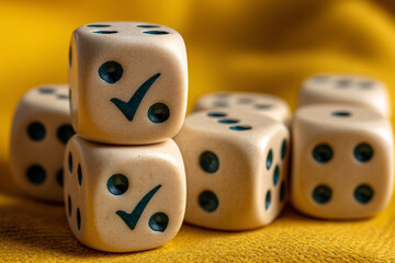 Several off white dice with check marks and dots rest on a bright golden yellow background.