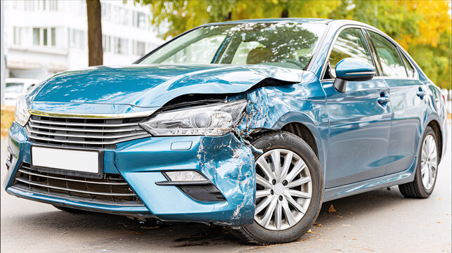 The teal sedan has suffered significant front end damage after a collision on a city street.