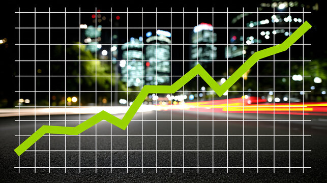 A green upward trending graph overlays a street at night showing strong financial growth.