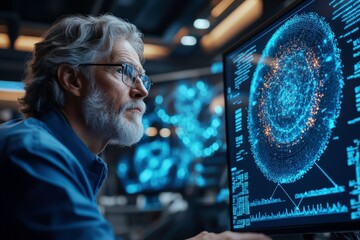 Senior Man Analyzing Complex Data Visualization on Computer Screen in Modern Office Environment with High-Tech Aesthetics