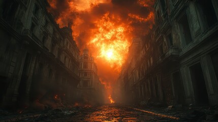 War-torn street with burning buildings and a fiery sky above, depicting destruction