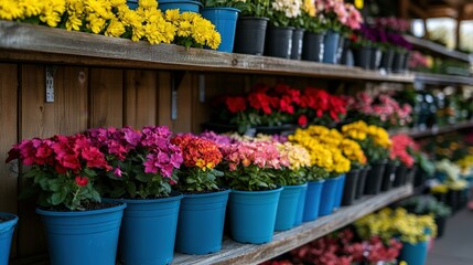 Fototapeta premium Colorful Display of Potted Flower Plants in Garden Center with Vibrant Blossoms and Green Foliage on Wooden Shelves for Nature Enthusiasts and Garden Lovers