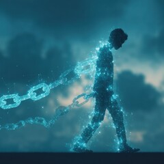 A digital rende depicts a person walking while shackled by illuminated chains, symbolizing constraints and the pursuit of liberation in a technological age.