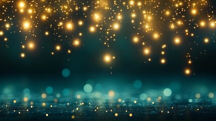 Obraz premium Dark festive background with glowing sparkles, golden shimmer, and turquoise accents. Ideal for holiday promos, elegant announcements, and celebratory visuals with copy space