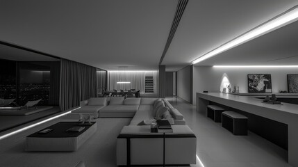 Monochrome Contemporary Living Room with White Decor and Black Accents