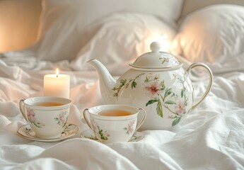 Fototapeta premium Floral Tea Set with Cozy Bed, and Candlelight. (1)
