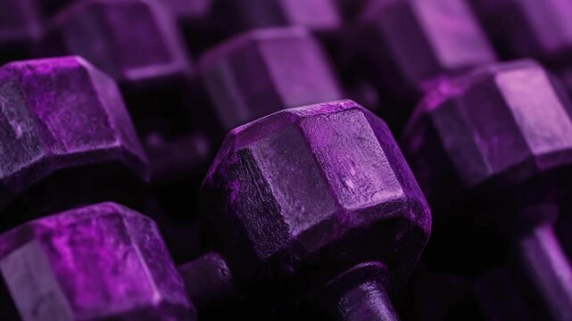 Close-up image of dark purple hexagonal dumbbells arranged in an artistic abstract formation for fitness mockup concept