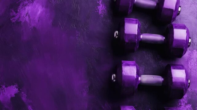 Set of purple dumbbells on dark textured background for fitness branding mockup