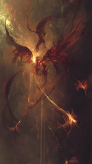 Fiery winged beings battle amidst cosmic dust; fantasy art for game design or book cover