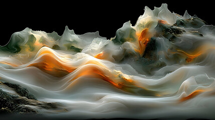 Abstract swirling cloudscape, fantasy mountain range, dark background, digital art, ideal for fantasy or sci-fi backgrounds
