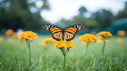 Monarch Butterfly on Yellow Flowers.