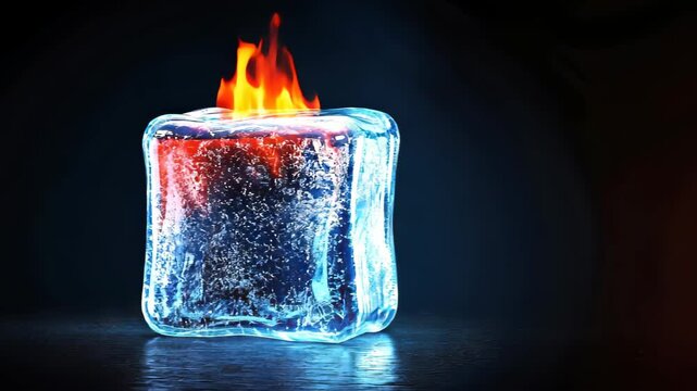 Eternal Paradox: A visual metaphor of contrasting elements, a solid ice cube embraces the fiery dance of a flame, with a backdrop of darkness. This artwork tells a story of the impossible.