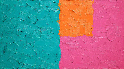 Abstract teal, orange, pink impasto painting; textured background for design