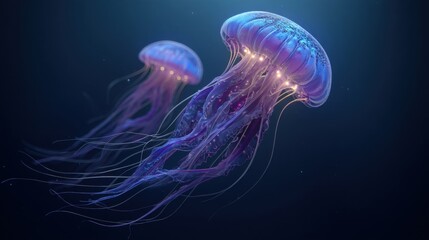 Two glowing jellyfish swim gracefully in the deep blue ocean, their long, delicate tentacles trailing behind them in the dark depths, illuminating the sea at night.