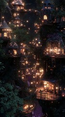 Naklejka premium Illuminated structures nestled in forest night landscape