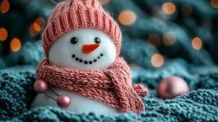 Festive snowman with knit hat and scarf amidst soft textured backdrop