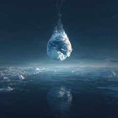 Obraz premium A single droplet of water containing Earth's image reflects upon a vast sea under a blue sky, symbolizing our planet's precious and fragile resources.
