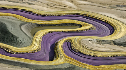 Aerial view of purple and gold sand quarry, meandering patterns, desert landscape, industrial mining