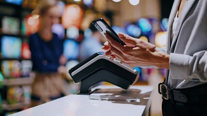 Close-up, angled shot of a person using a smartphone for contactless payment at a terminal. The video captures a modern, tech-savvy shopping experience.