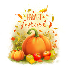 Happy Harvest festival. Banner with different pumpkins and apples on watercolor background with colorful leaves, autumn design