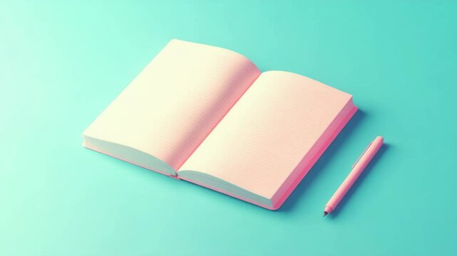 Open pink notebook and pen on blue background, minimalist stationery mockup concept