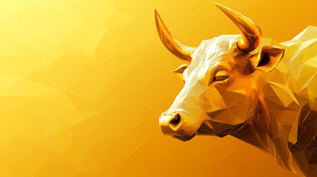 A modern geometric golden bull figure with smooth, polygonal surfaces gleams with a shiny finish. The sleek design highlights the contemporary approach to sculpture and artistic design, offering a dyn