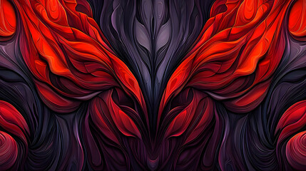 Abstract red and black swirling patterns, symmetrical design, digital art, background for website or print