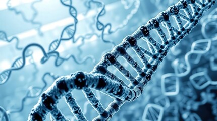 Obraz premium Close-up view of a DNA double helix structure in blue tones.