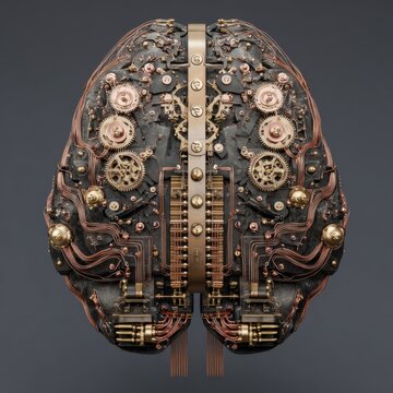 Intricate steampunk brain rende showcasing detailed gears, circuits, and metallic textures creating a visually stunning concept of technology and ligence.