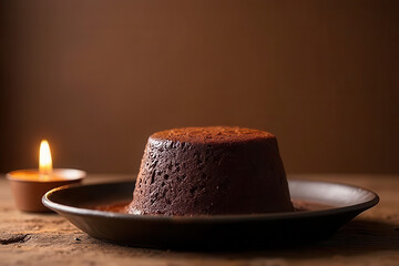 Tempting Chocolate Lava Cake: Rustic Corner Food Photography with Ambient Candlelight